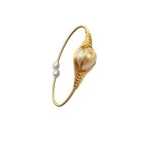 Wire Wrapped Pearls Bracelet Gold Tone Wire and Genuine Pearls Bangle Cuff